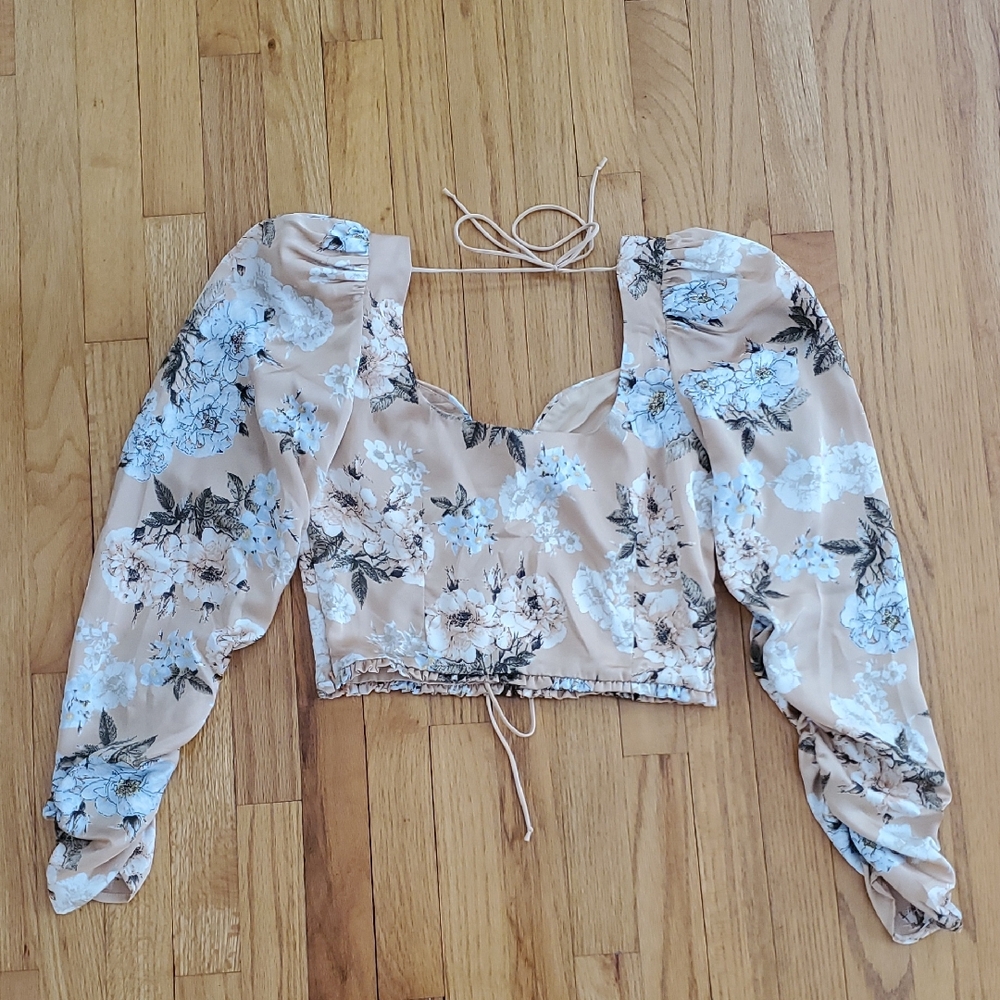 MABLE Floral Puff Sleeve Blouse - Beige And Floral Satin Exquisite